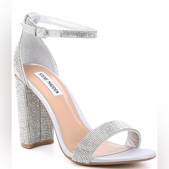 STEVE MADDEN Carrson Silver Ankle Strap Block Heels Formal Sparkly Crystals - Picture 5 of 14